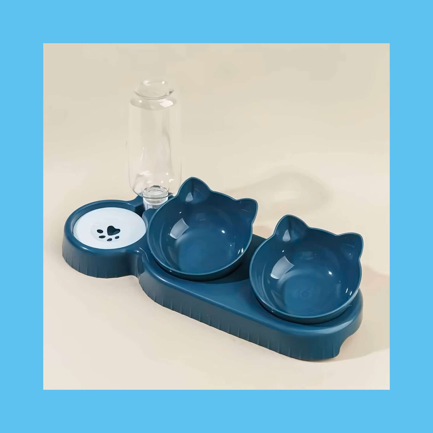 3-in-1 Cat Feeding Bowl with tilted design for neck protection, gravity water bottle, and space-saving ear-shaped bowls in blue.