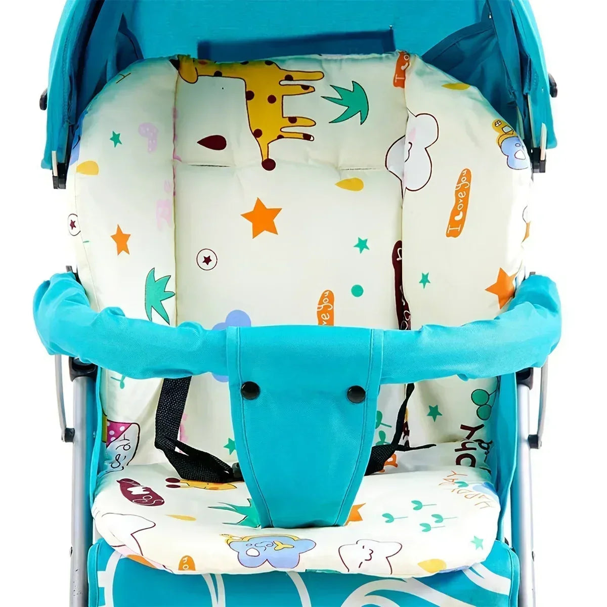 Cute animal baby cushion in a stroller, featuring soft, breathable double-sided material with colorful animal patterns for 0-6 years.