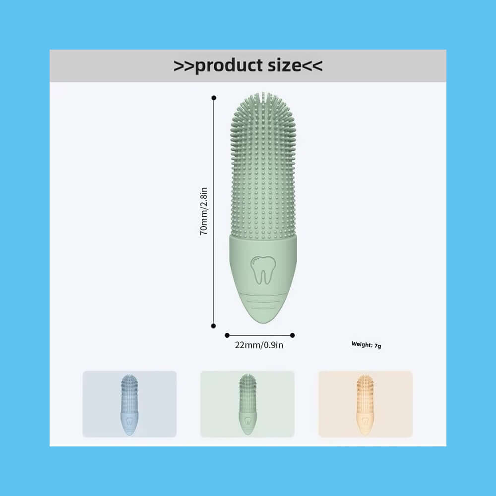 Soft Silicone Pet Toothbrush with 360° deep cleaning, food-grade silicone, measures 70mm by 22mm, ideal for dogs and cats.
