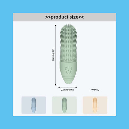 Soft Silicone Pet Toothbrush with 360° deep cleaning, food-grade silicone, measures 70mm by 22mm, ideal for dogs and cats.