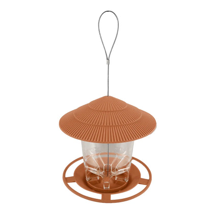 Outdoor hanging bird feeder with hexagonal design, large seed capacity, and multi-port dispenser for efficient bird feeding.