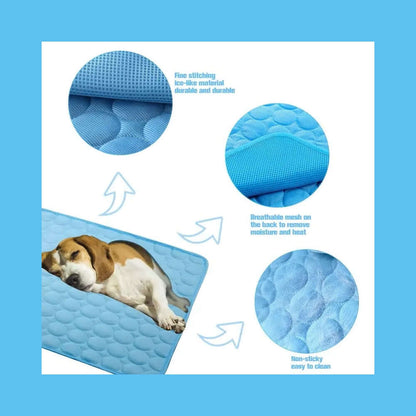 Cooling Pet Mat for Summer with dog resting, showing breathable mesh and easy-to-clean features for cats and dogs