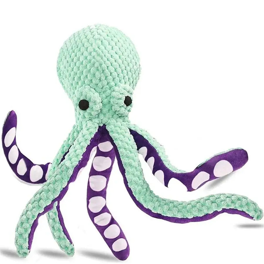 Plush octopus dog toy with squeaky design, mint green and purple, durable for all dog sizes, perfect for teething and play.