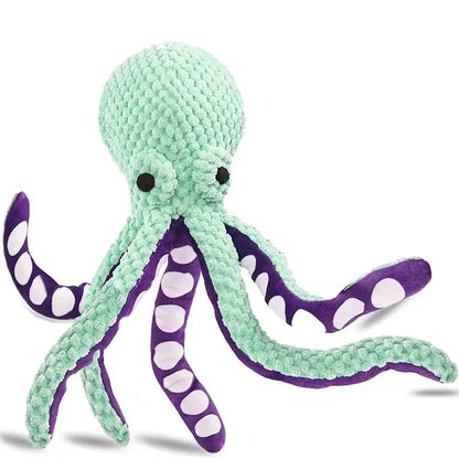 Plush octopus dog toy with squeaky design, mint green and purple, durable for all dog sizes, perfect for teething and play.