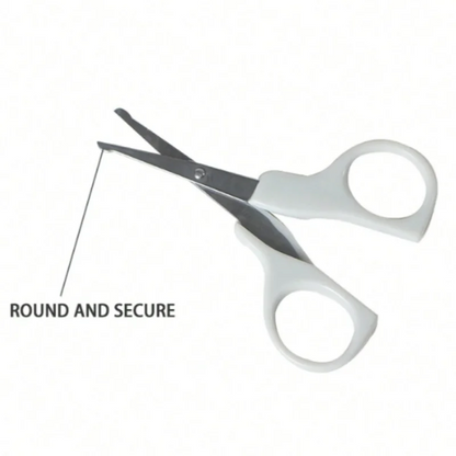 Round-tip baby scissors with white handles for safe grooming, part of 6-in-1 baby care kit, ideal for ages 0–2.