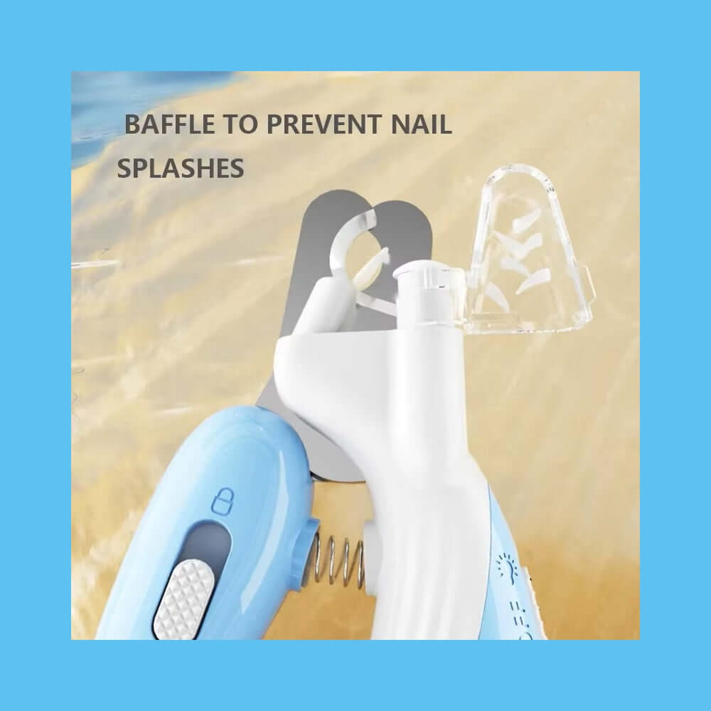 LED Pet Nail Clippers with LED light and guard to prevent nail splashes, featuring sharp stainless steel blades and non-slip grip.