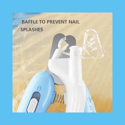 LED Pet Nail Clippers with LED light and guard to prevent nail splashes, featuring sharp stainless steel blades and non-slip grip.