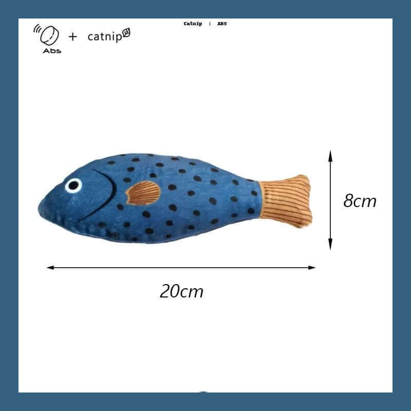 squeaky catnip fish toy– Fun, Safe & Snuggly Playtime for Cats, blue fish-shaped toy with dimensions 20cm by 8cm