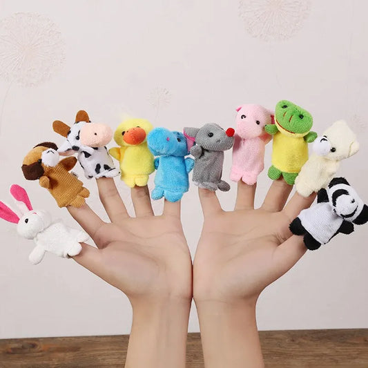 Plush finger puppet set with colorful animal designs, perfect for educational play and soothing routines. Includes various pieces for fun.