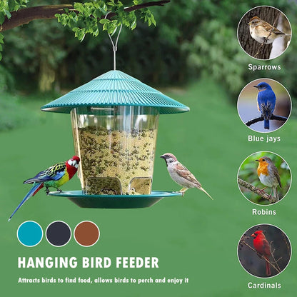 Outdoor hanging bird feeder with multi-port seed dispenser attracting colorful birds like sparrows, blue jays, and cardinals.