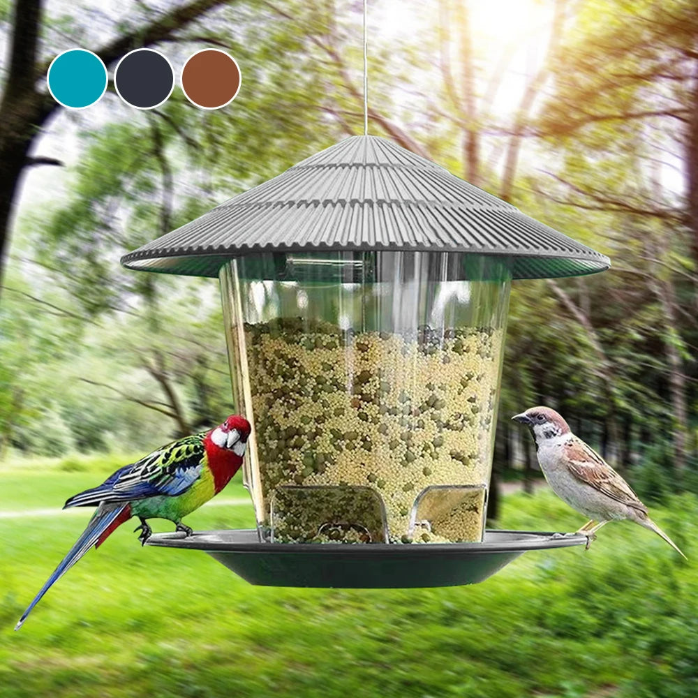 Outdoor hanging bird feeder with multi-port seed dispenser attracting colorful birds in a sunny garden setting.