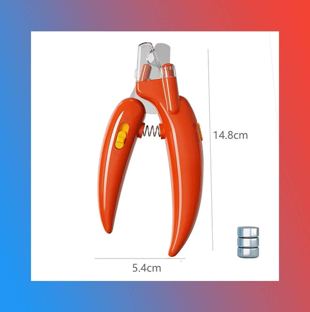 LED Pet Nail Clippers with built-in LED light for safe pet grooming, sharp stainless steel blades, and non-slip grip in orange.