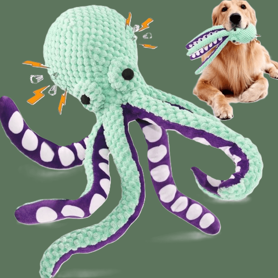 Plush octopus dog toy with squeaker, durable fleece material, shown next to happy dog, ideal for all dog sizes and energetic chewers.