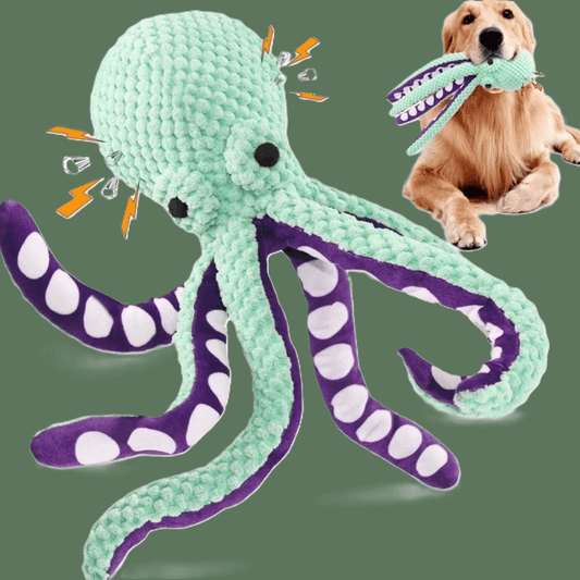 Plush octopus dog toy with squeaker, durable fleece material, shown next to happy dog, ideal for all dog sizes and energetic chewers.