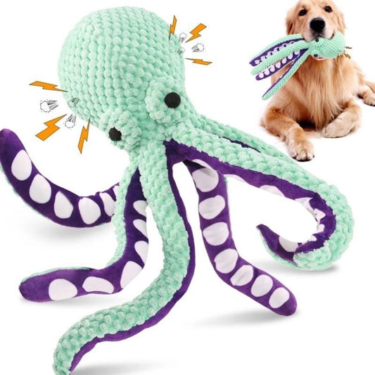 Plush octopus dog toy with squeaker, designed for durability and teething relief, shown in mint and purple with a dog playing.