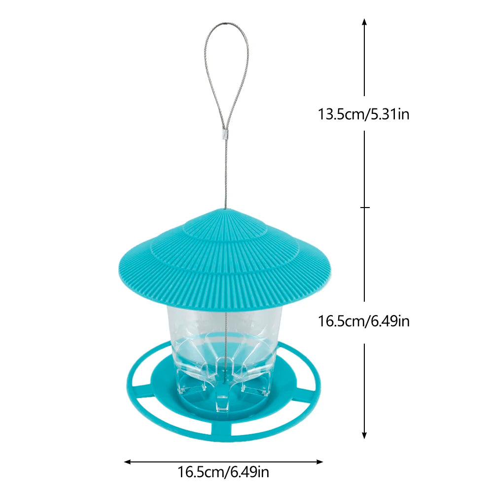 Outdoor hanging bird feeder with multi-port seed dispenser and twist-lock lid, featuring a large blue hexagonal roof for weather protection.