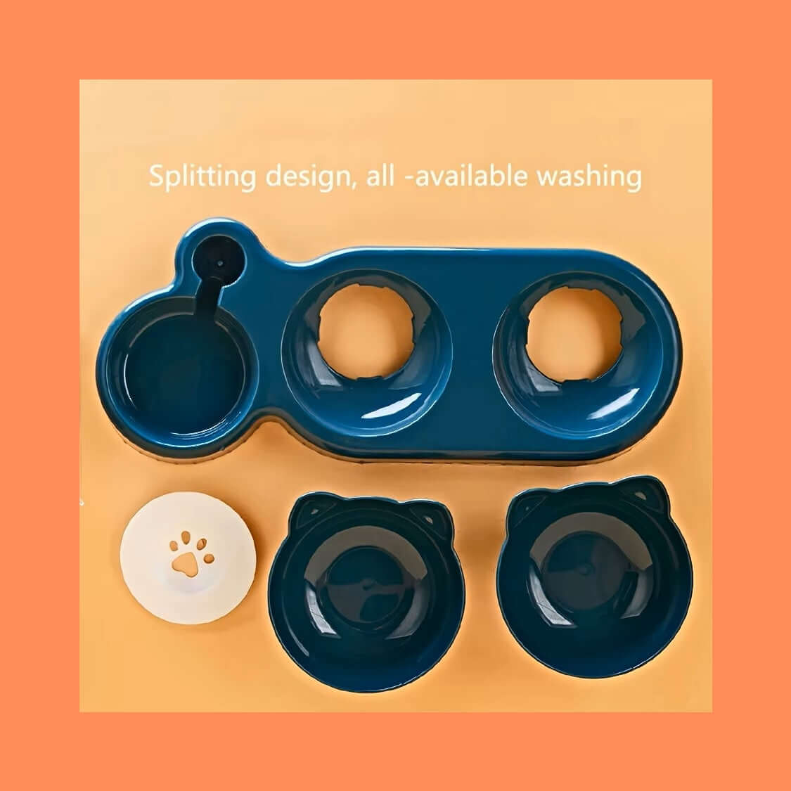 3-in-1 Cat Feeding Bowl with tilted ear-shaped design, blue color, split for easy cleaning, includes gravity water bottle for constant hydration.