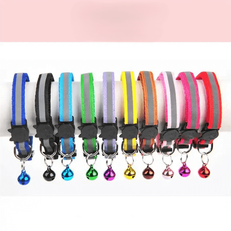 Reflective cat collars with bells in 12 colors, adjustable size, featuring safety light, and a stylish design for cats and small pets.
