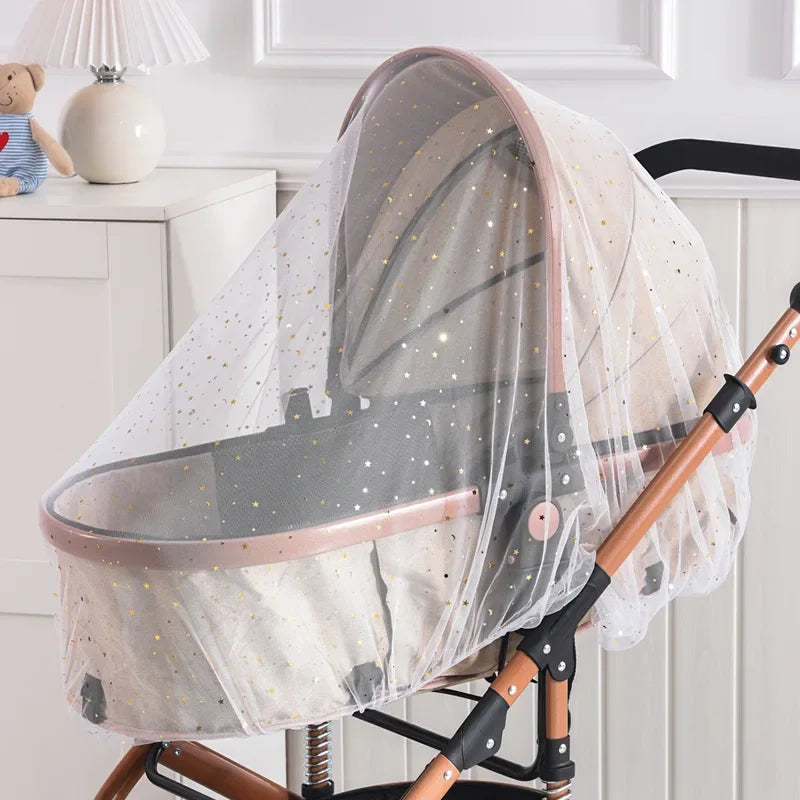 Baby stroller with breathable sunshade and mosquito net cover for 1–2 year olds, designed for UV protection and insect safety.