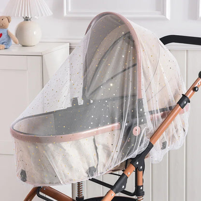 Baby stroller with breathable sunshade and mosquito net cover for 1–2 year olds, designed for UV protection and insect safety.