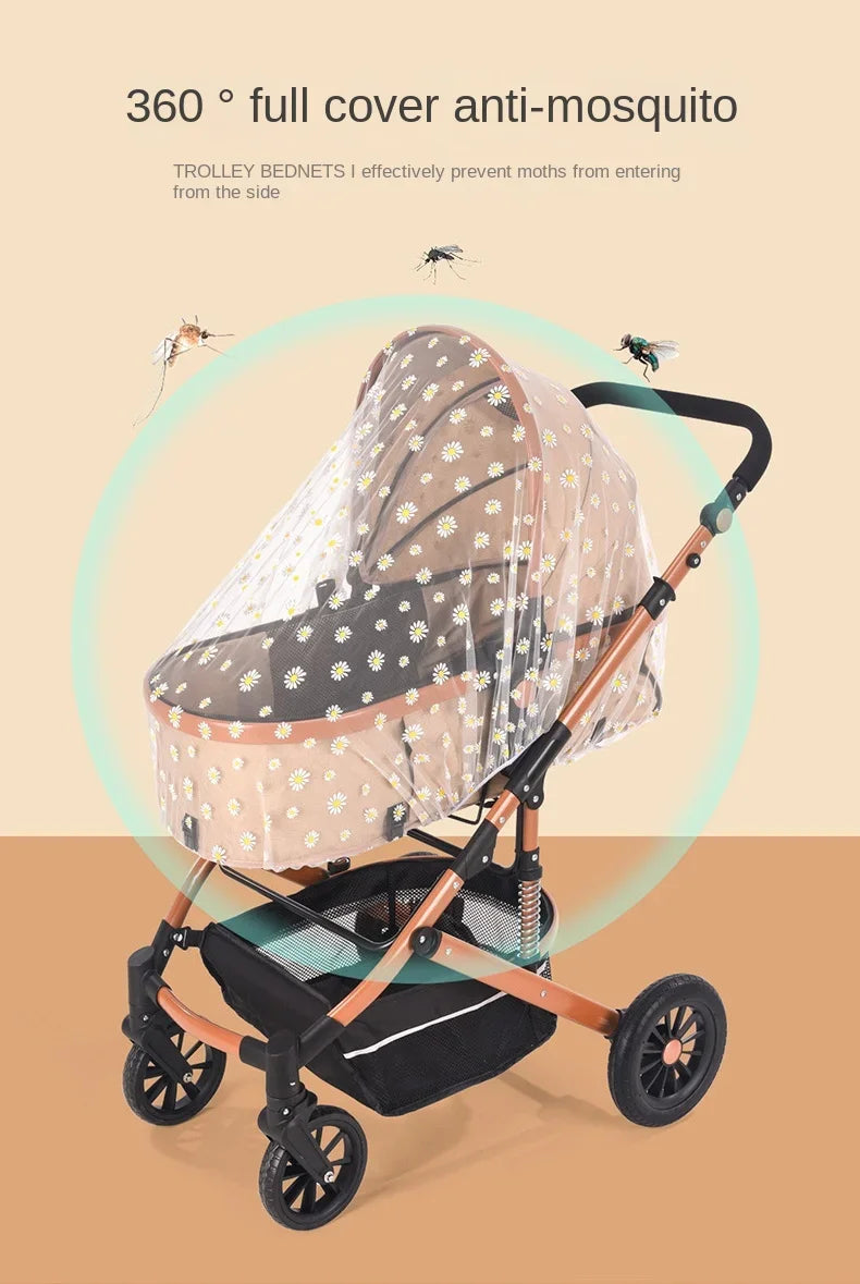 Baby stroller with floral sunshade and mosquito net, offering 360° protection for outdoor use, designed for 1–2 year olds.
