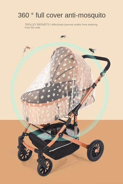 Baby stroller with floral sunshade and mosquito net, offering 360° protection for outdoor use, designed for 1–2 year olds.