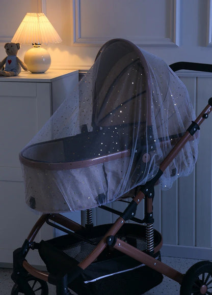 Baby stroller with breathable sunshade and bug net for 1-2 year olds, offering UV protection and insect shielding.