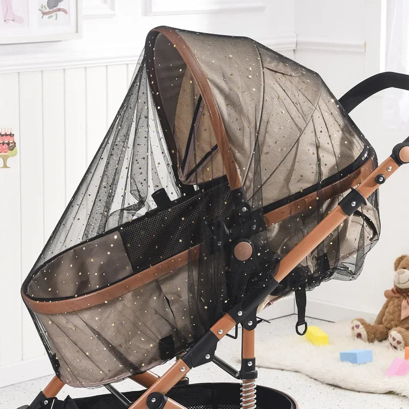 Baby stroller with breathable sunshade and mosquito net for 1-2 year olds, featuring lightweight synthetic fiber design.