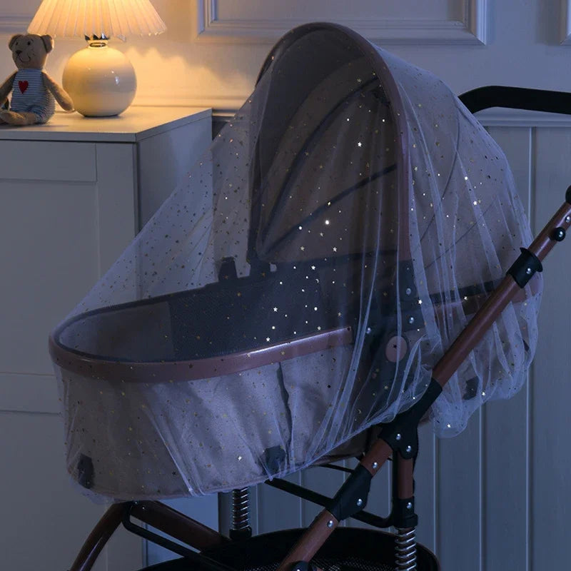 Baby stroller with breathable sunshade and mosquito net for toddlers in dim room, showing lightweight design.