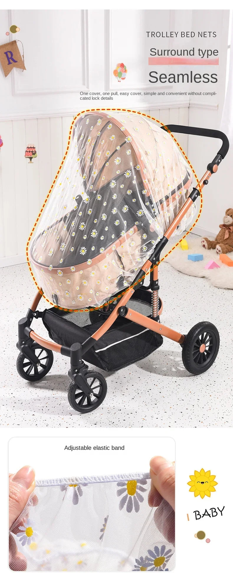 Baby stroller with sunshade and mosquito net, breathable netting for insect protection, designed for 1–2 year olds.