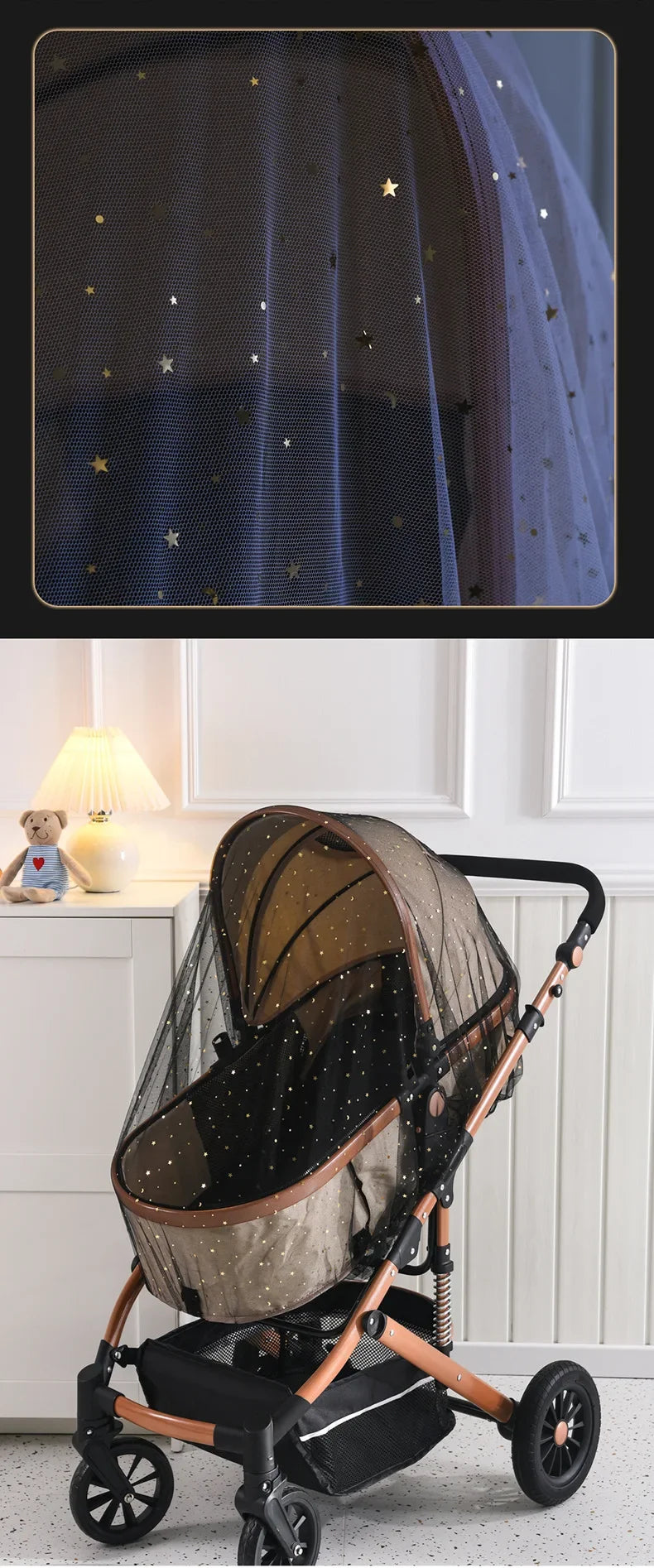 Baby stroller with breathable sunshade and mosquito net for UV protection and insect shielding.