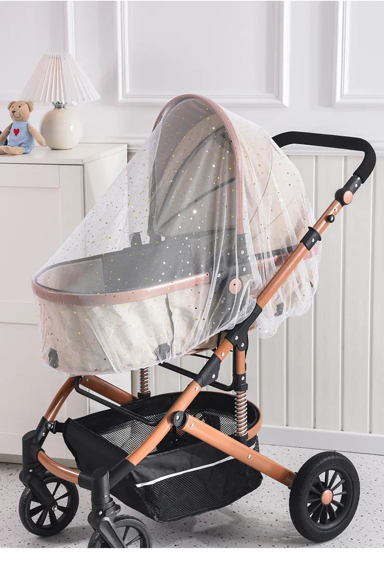 Baby stroller with breathable sunshade and mosquito net, suitable for children aged 1-2, protecting against sun and insects.