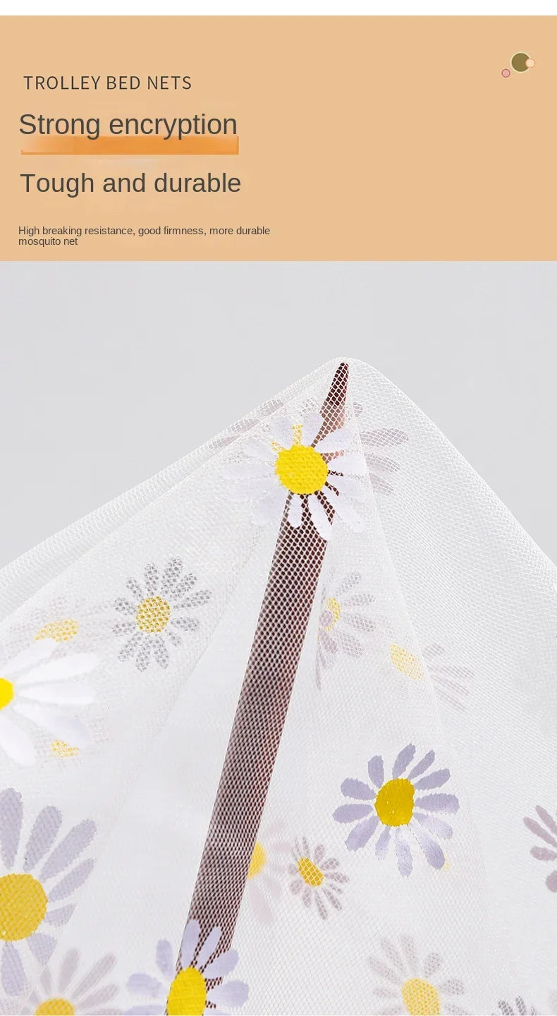 Close-up of a trolley bed net with floral design showcasing strong encryption and durable, breathable material.