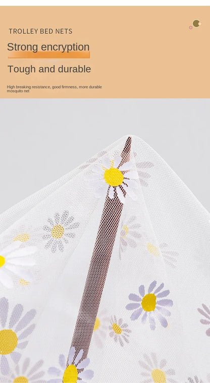 Close-up of a trolley bed net with floral design showcasing strong encryption and durable, breathable material.