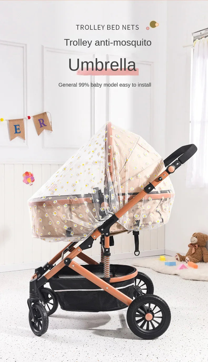 Baby stroller with sunshade and mosquito net for toddlers displayed indoors on a white background.