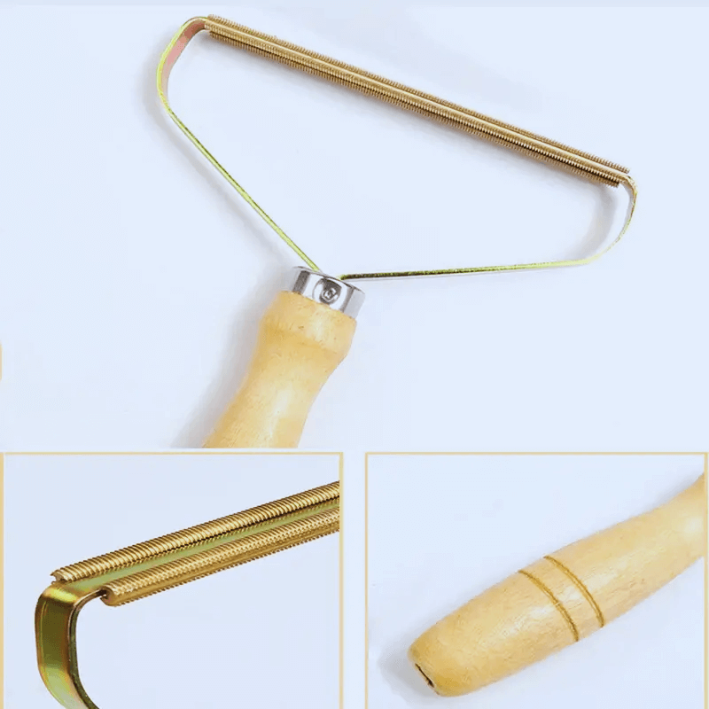 Portable pet hair and lint remover with wooden handle, ideal for manual cleaning of clothes and furniture.