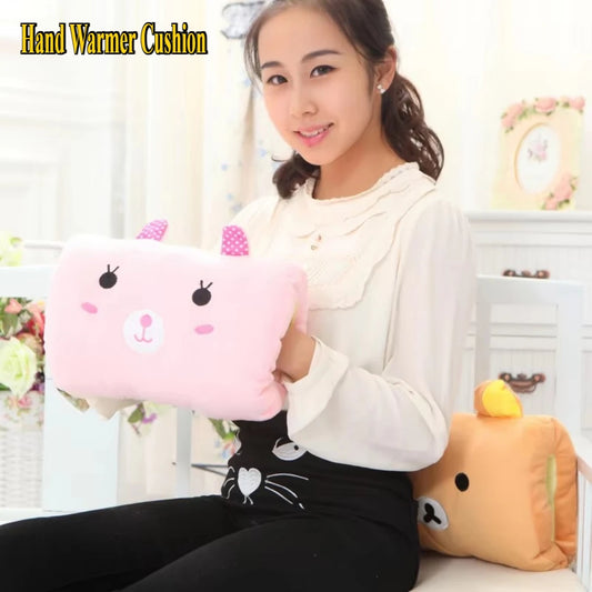 Woman holding a soft plush hand warmer pillow, portable cushion for warmth, pink design, ideal for winter comfort.