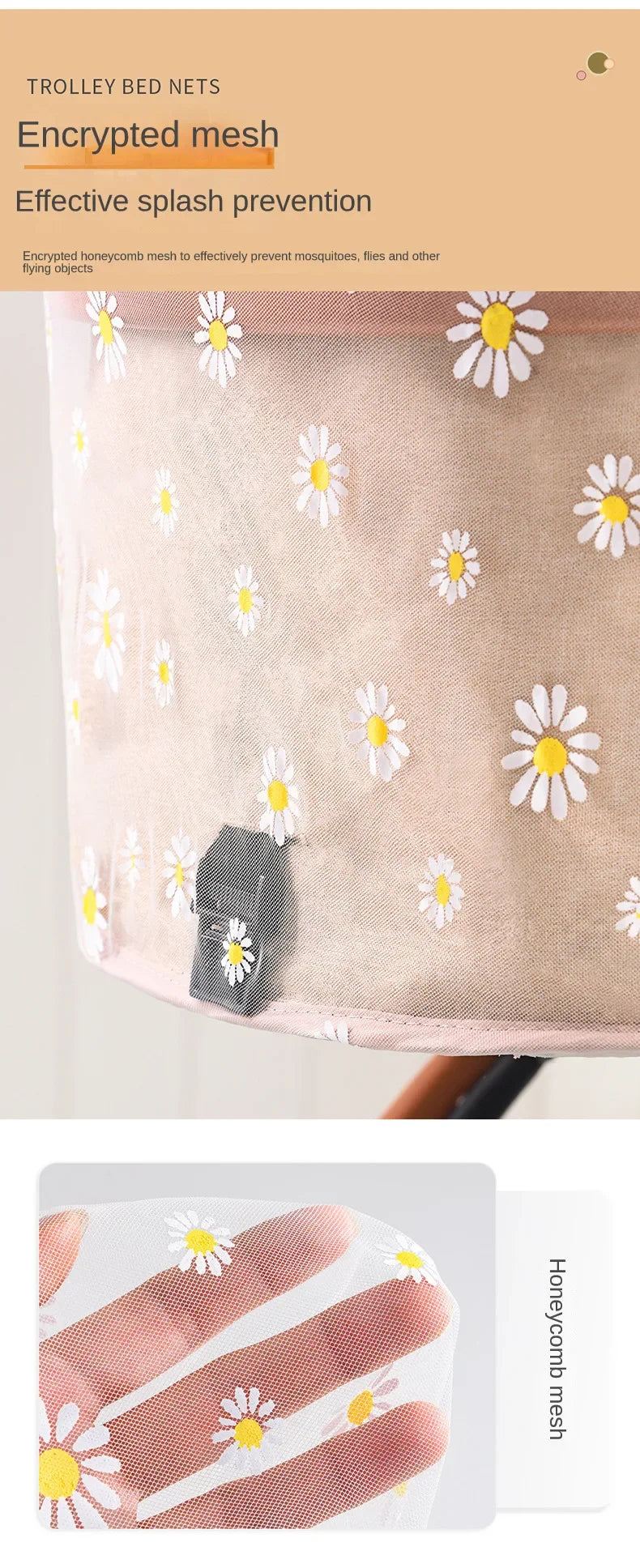 Close-up of mosquito net with floral pattern on baby stroller, highlighting breathable mesh for insect protection and sunshade.