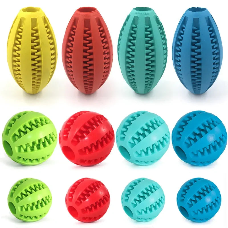 Colorful natural rubber chew balls for dogs, ideal for teeth cleaning and treat holding, shown in various sizes and colors.