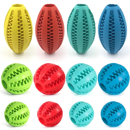 Colorful natural rubber chew balls for dogs, ideal for teeth cleaning and treat holding, shown in various sizes and colors.