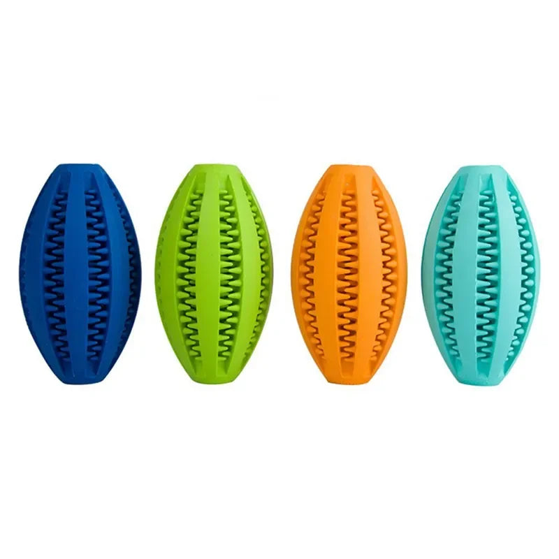 Colorful natural rubber dog chew balls for teeth cleaning and holding treats, available in blue, green, orange, and teal.