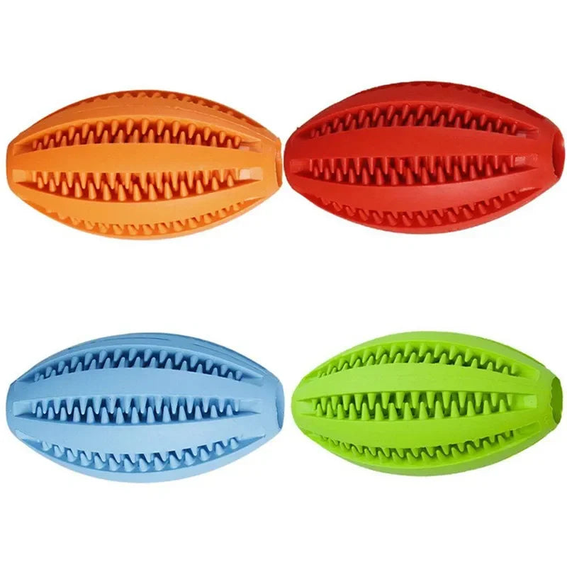 Colorful natural rubber chew balls for dogs, ideal for teeth cleaning and treat holding. Durable and puncture resistant.