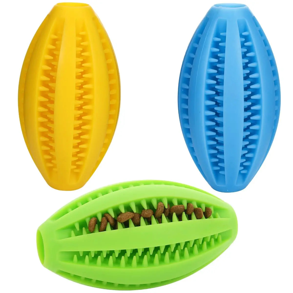 Colorful natural rubber chew balls for dogs, designed to clean teeth and hold treats, available in yellow, blue, and green.