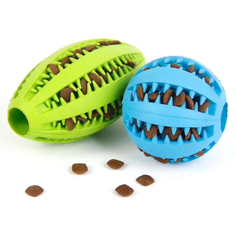 Natural rubber chew ball for dogs in green and blue, cleans teeth and holds treats, ideal for fetch and teething puppies.