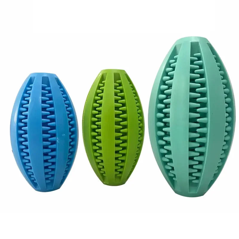 Natural rubber chew balls for dogs in blue, green, and teal; versatile for play and teeth cleaning.