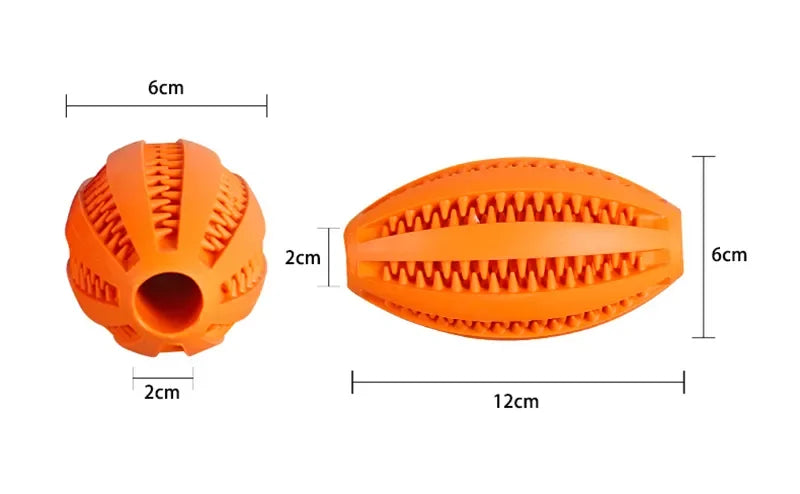 Orange natural rubber chew ball with measurements, designed for dogs to clean teeth and hold treats, ideal for fetch and teething.