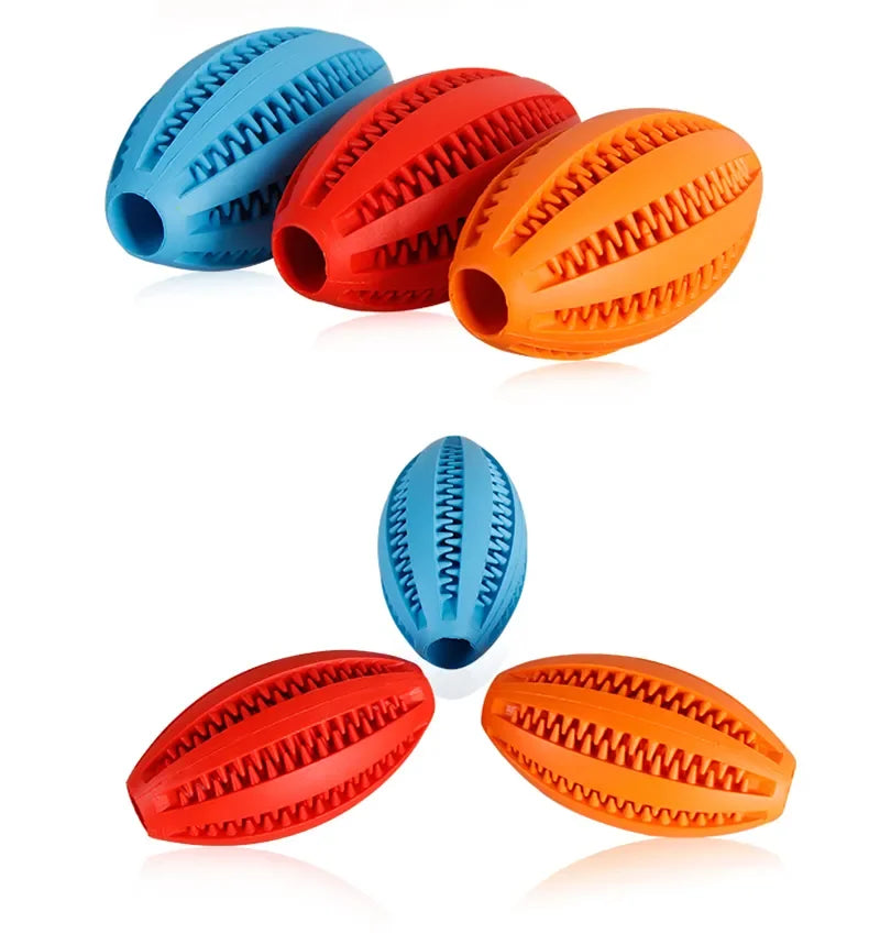 Colorful natural rubber chew balls for dogs, ideal for cleaning teeth and holding treats, made from non-toxic, durable material.