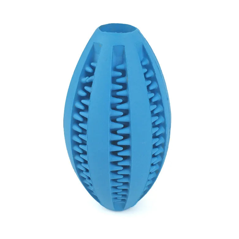Blue natural rubber dog chew ball, cleans teeth, holds treats, durable and non-toxic, ideal for puppies and aggressive chewers.