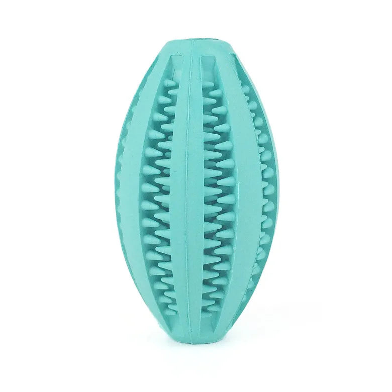 Natural rubber chew ball for dogs with teeth cleaning design and treat holder, made from durable, non-toxic materials.