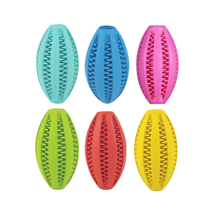 Colorful natural rubber chew balls for dogs; perfect for teeth cleaning, treat holding, and fetch games.